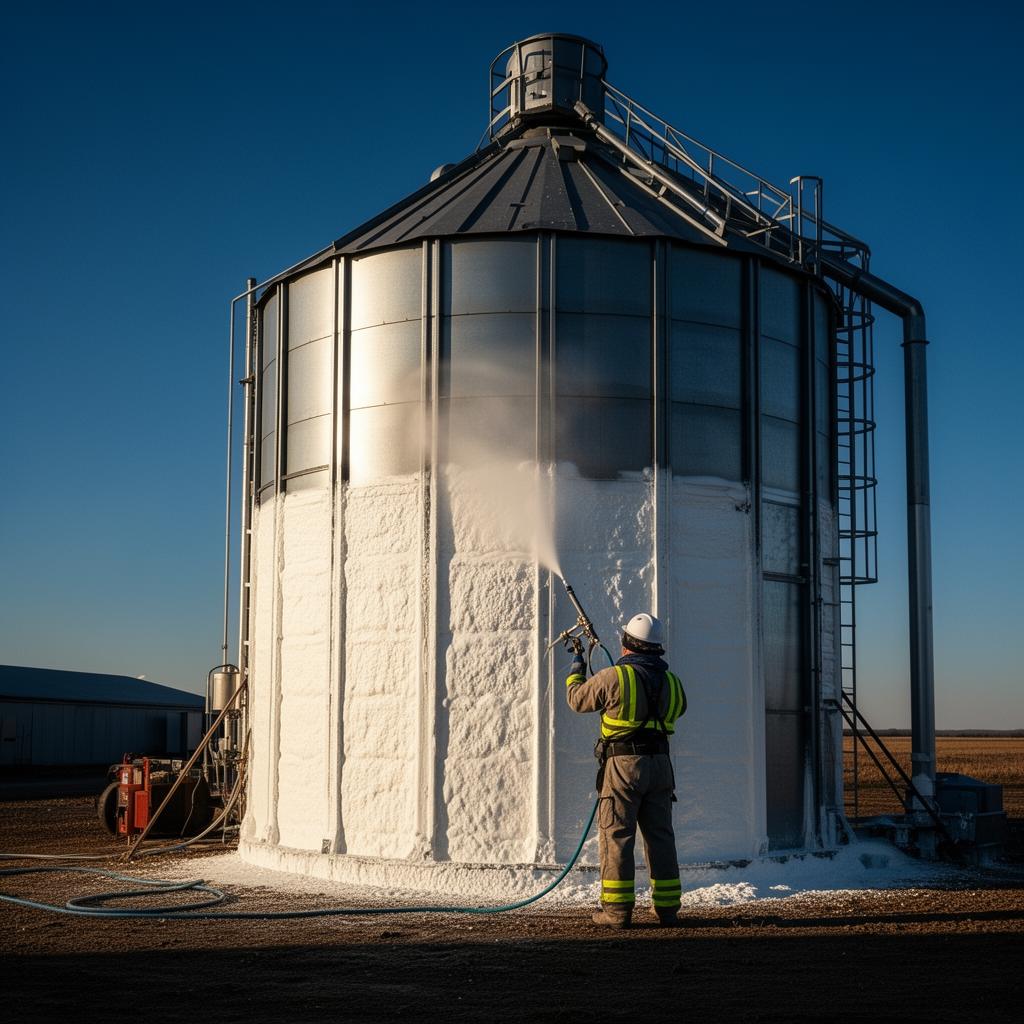 Sistema Spray Foam AGI Heatseal 3000 aplicado em silo de grãos