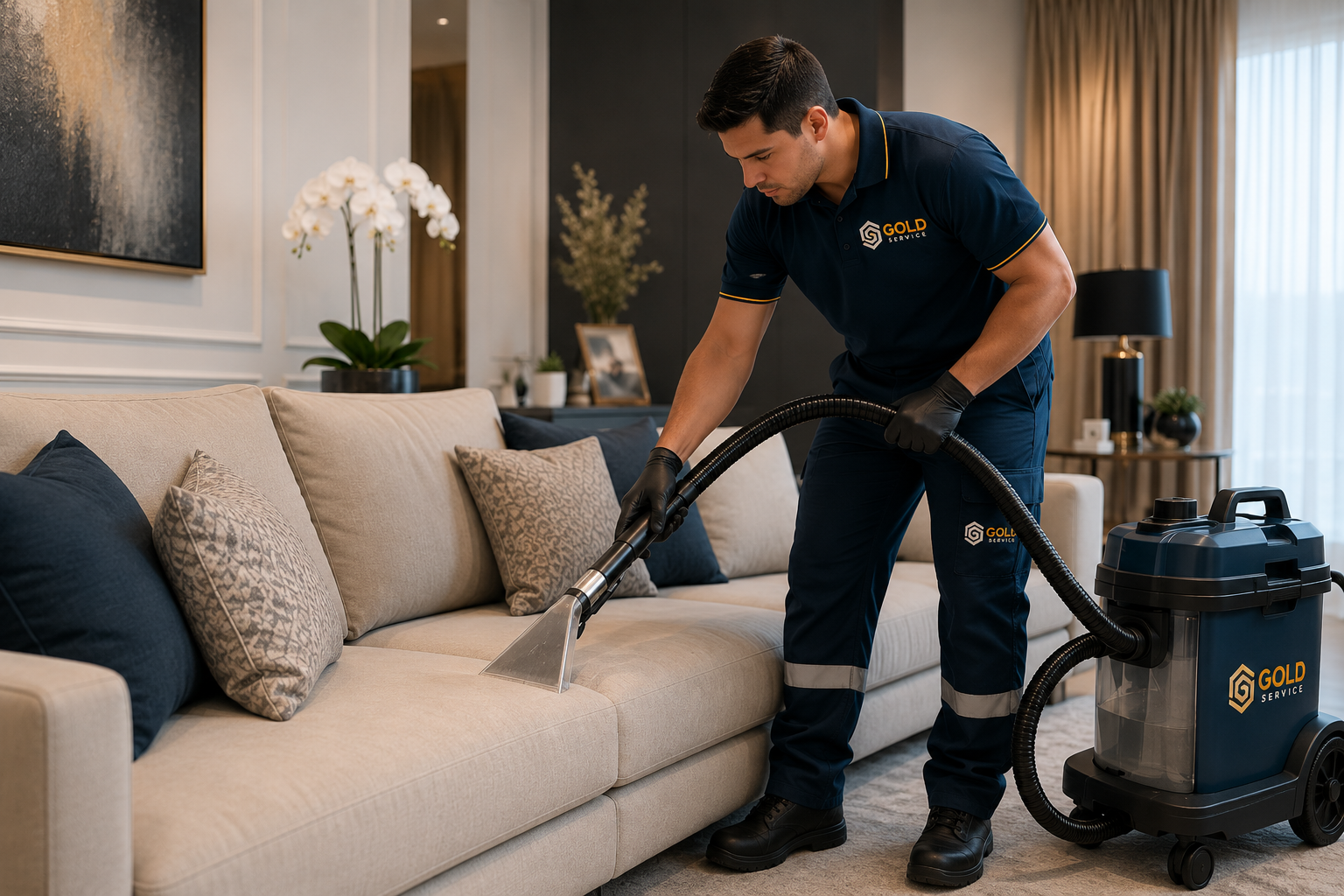 Higienização técnica premium de sofá em residência de alto padrão