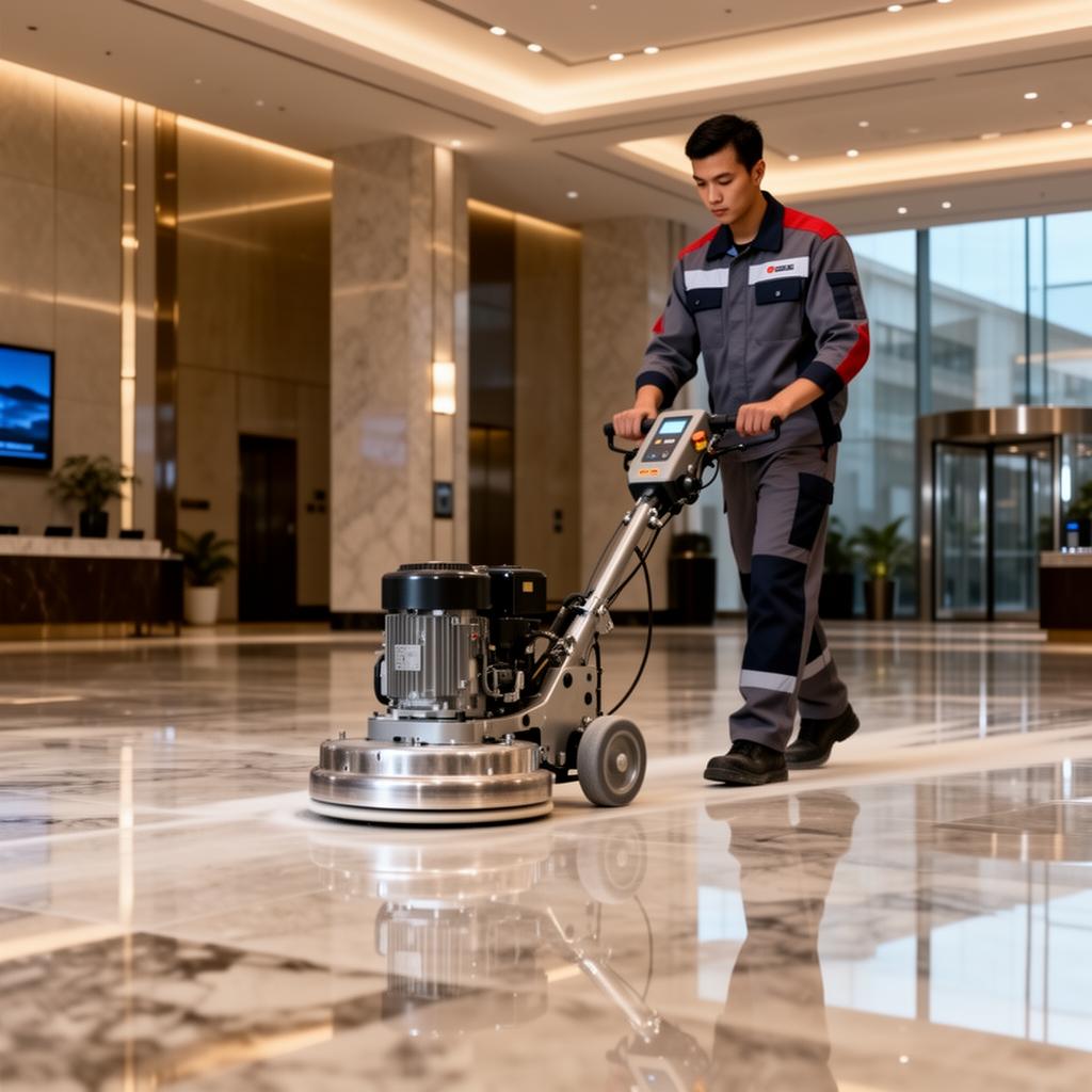 Técnico aplicando lapidação diamantada em piso de mármore